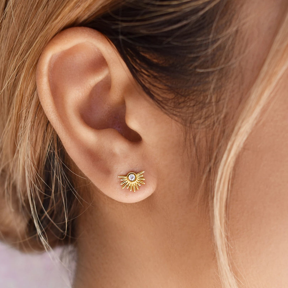 SALE - 10k Solid Gold CZ Sun Beam Studs - Earrings -  -  - Azil Boutique
