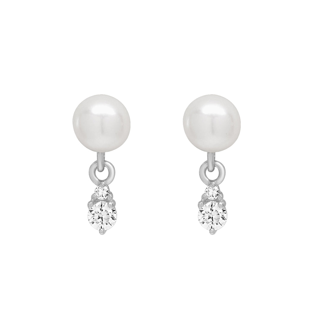 10k Solid Gold Pearl w/ Hanging CZ Studs - Earrings - White Gold - White Gold - Azil Boutique
