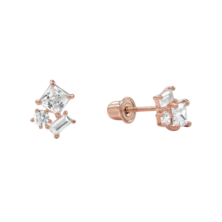 10k Solid Gold CZ Trio Cluster Studs - Earrings - Rose Gold - Rose Gold - Azil Boutique