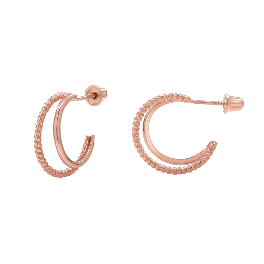 SALE - 10k Solid Gold Twisted & Smooth Double Huggie Studs - Earrings - Rose Gold - Rose Gold - Azil Boutique