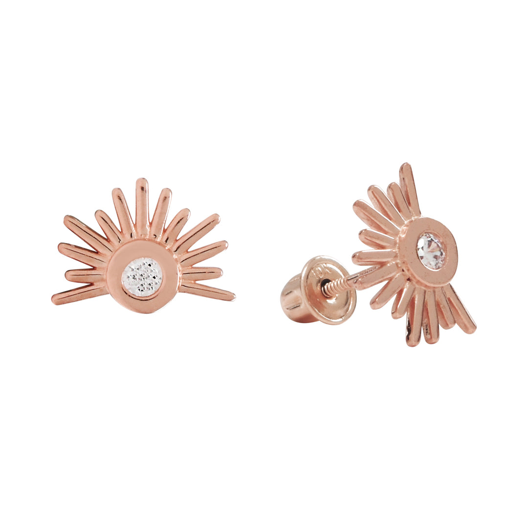 SALE - 10k Solid Gold CZ Sun Beam Studs - Earrings - Rose Gold - Rose Gold - Azil Boutique