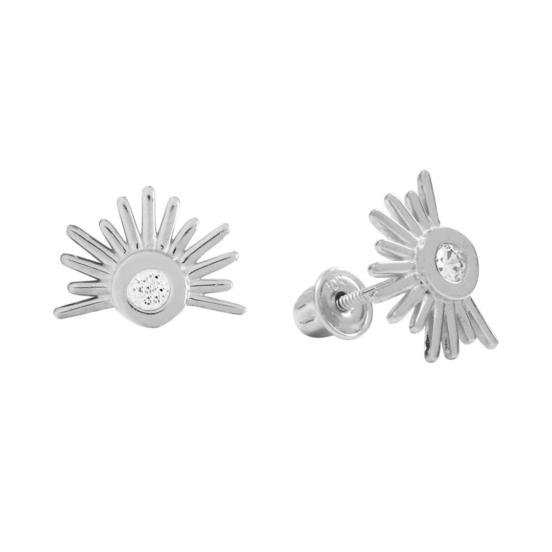 SALE - 10k Solid Gold CZ Sun Beam Studs - Earrings - White Gold - White Gold - Azil Boutique