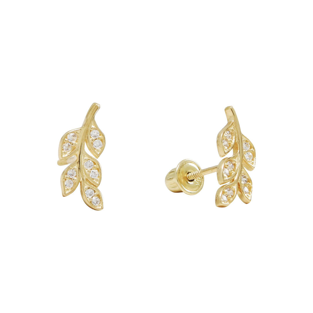 10k Solid Gold CZ Leaves Studs - Earrings - Yellow Gold - Yellow Gold - Azil Boutique