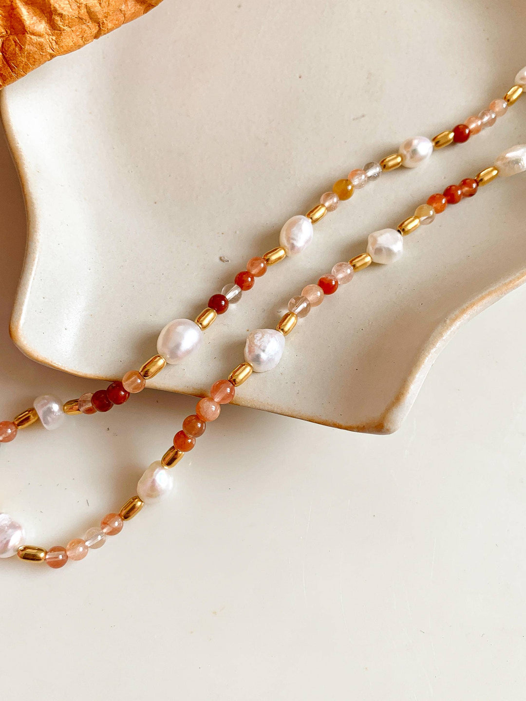18K Non Tarnish Bohemian Rose Pearl and Bead Necklace - - - - Azil Boutique