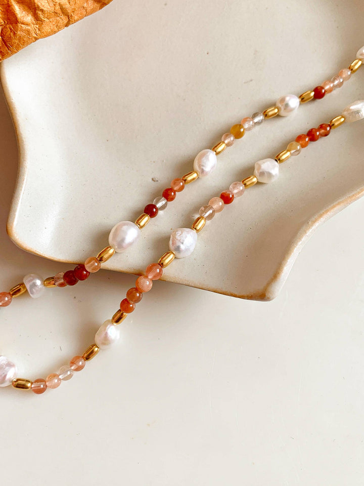 18K Non Tarnish Bohemian Rose Pearl and Bead Necklace - - - - Azil Boutique