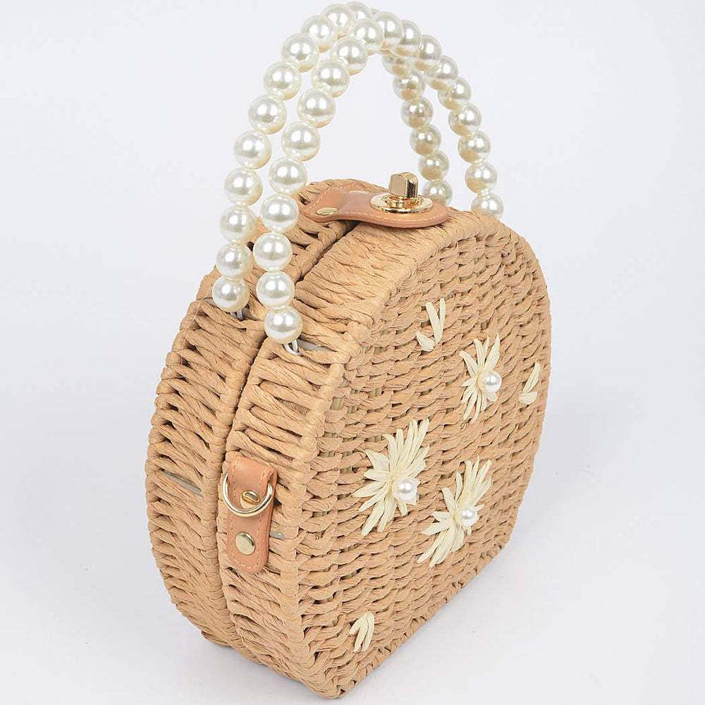 Straw Flower Pearl Handle Bag - Handbags - - - Azil Boutique