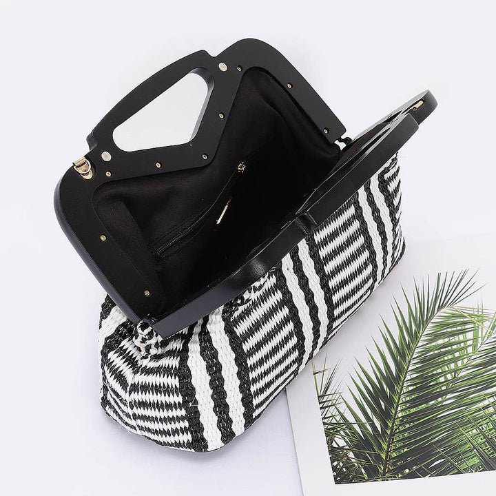 Striped Straw Wood Frame Clutch - Handbags - - - Azil Boutique