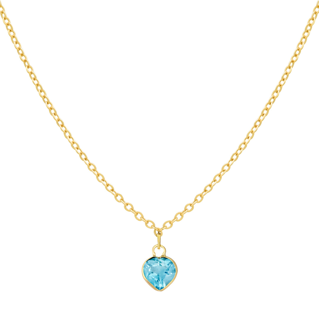 Solid Gold Tiny CZ Heart Birthstone Necklace - Necklaces - March - Aquamarine - March - Aquamarine - Azil Boutique