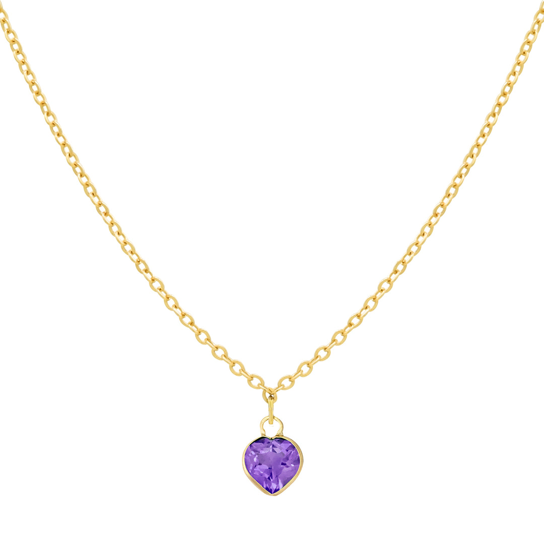 Solid Gold Tiny CZ Heart Birthstone Necklace - Necklaces - February - Amethyst - February - Amethyst - Azil Boutique
