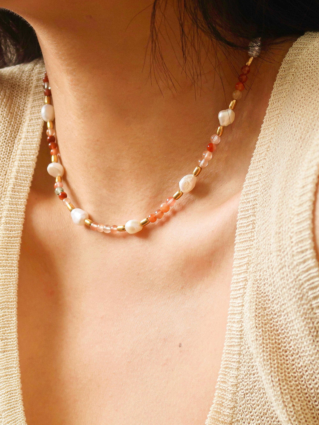 18K Non Tarnish Bohemian Rose Pearl and Bead Necklace - - - - Azil Boutique