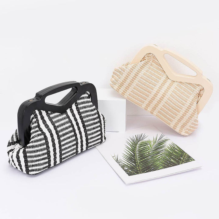 Striped Straw Wood Frame Clutch - Handbags - - - Azil Boutique