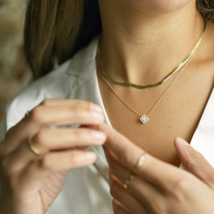 14k Solid Gold CZ Princess Cut Halo Necklace - Necklaces -  -  - Azil Boutique