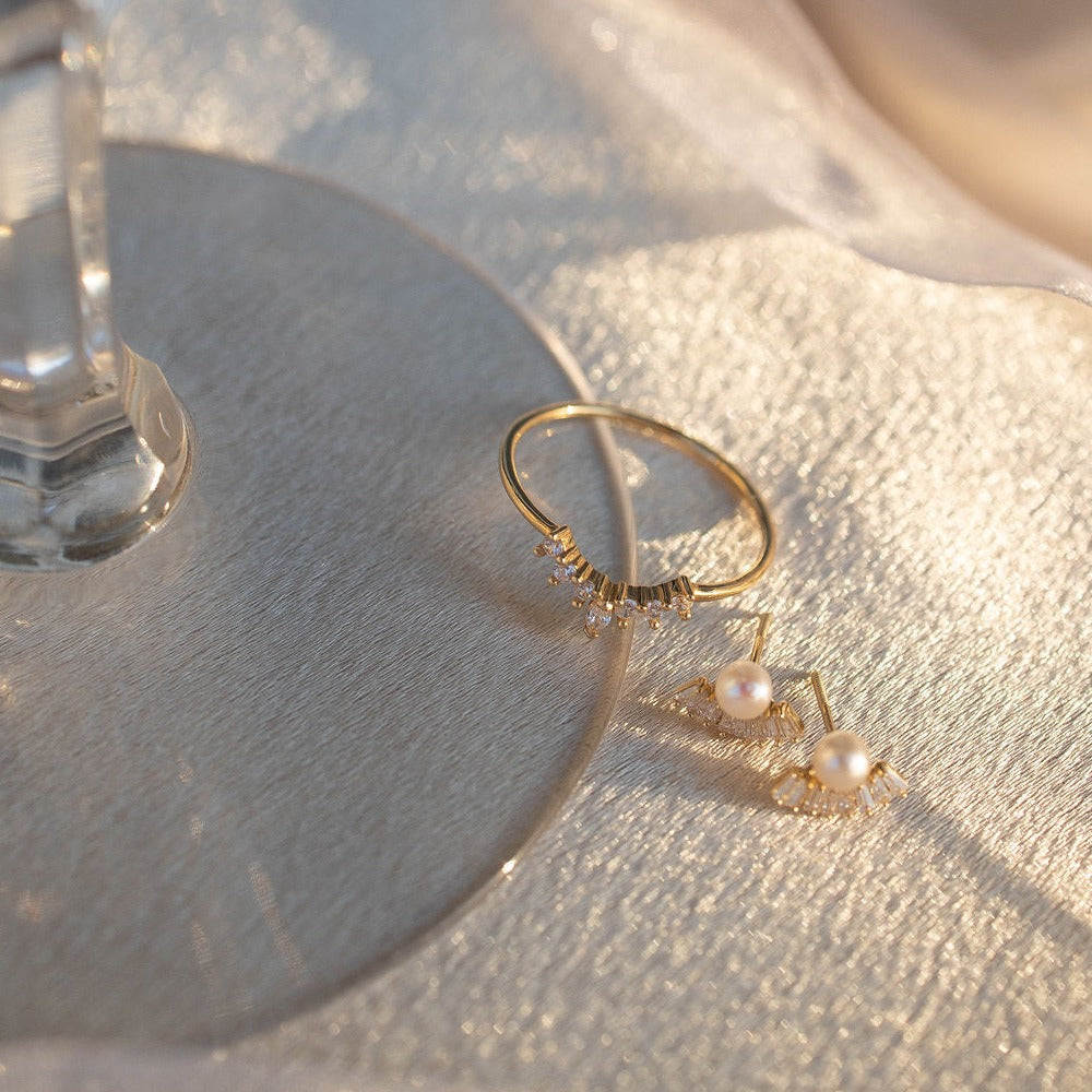 10k Solid Gold CZ Baguette Fan & Pearl Studs - Earrings -  -  - Azil Boutique