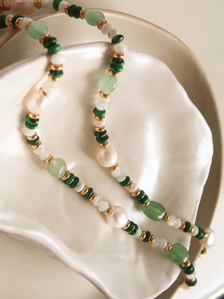 18K Non Tarnish Bohemian Rose Pearl and Bead Necklace - - - - Azil Boutique