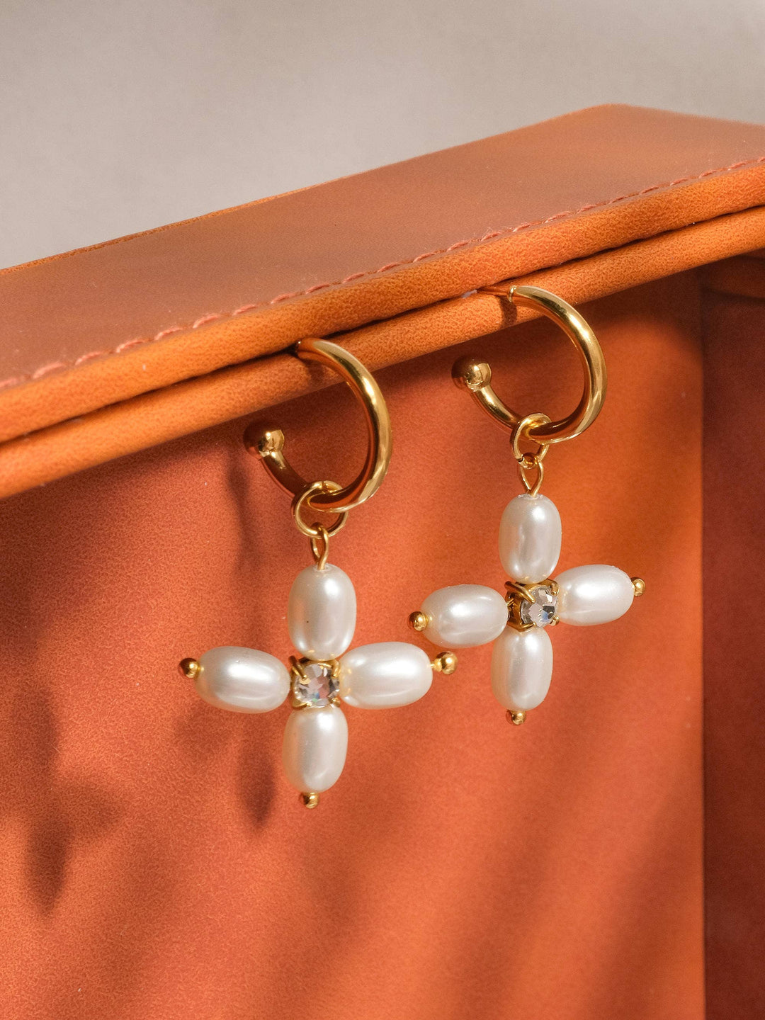 Chaleur Faux Pearl Cross Hoop Earring - Earrings - Yellow Gold - Yellow Gold - Azil Boutique
