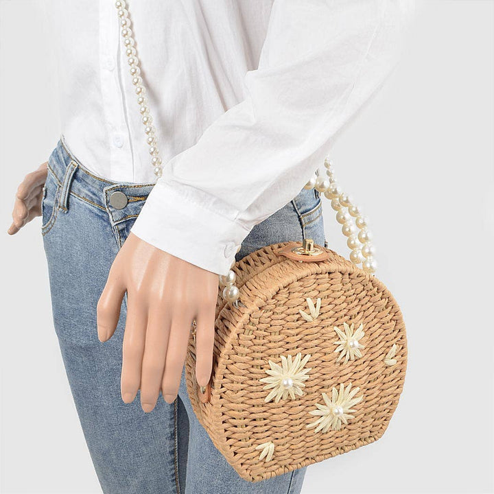 Straw Flower Pearl Handle Bag - Handbags - - - Azil Boutique