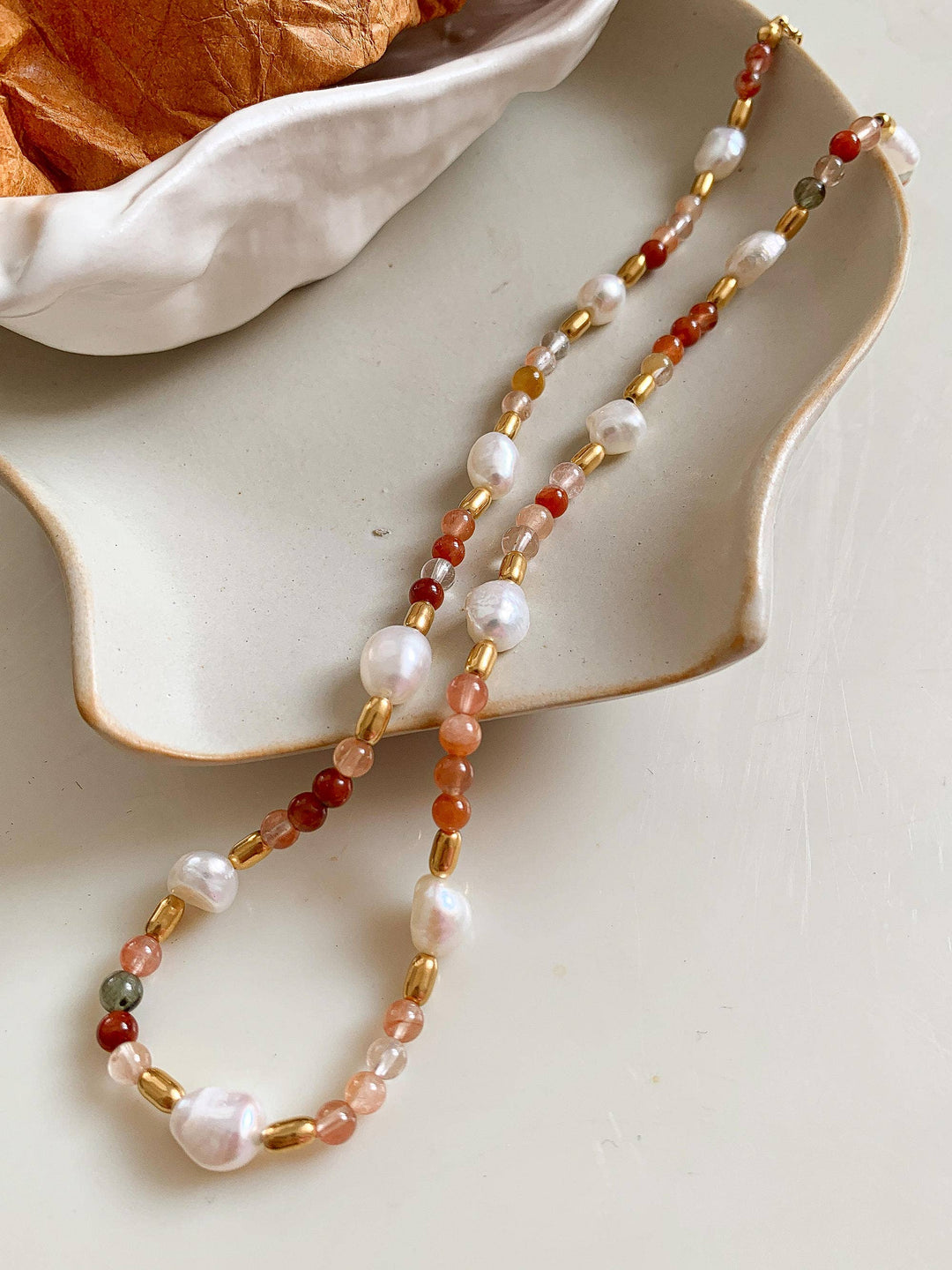 18K Non Tarnish Bohemian Rose Pearl and Bead Necklace - - - - Azil Boutique