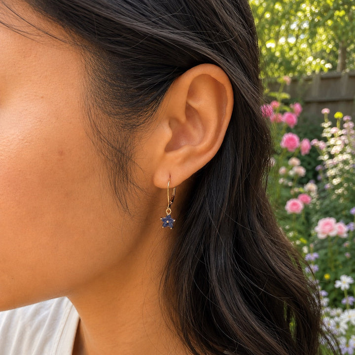 Blue CZ Flower Leverback Earrings - Earrings - - - Azil Boutique