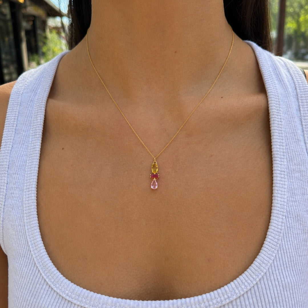 Colorful CZ Yellow / Pink Totem Pendant Necklace - Necklaces - - - Azil Boutique