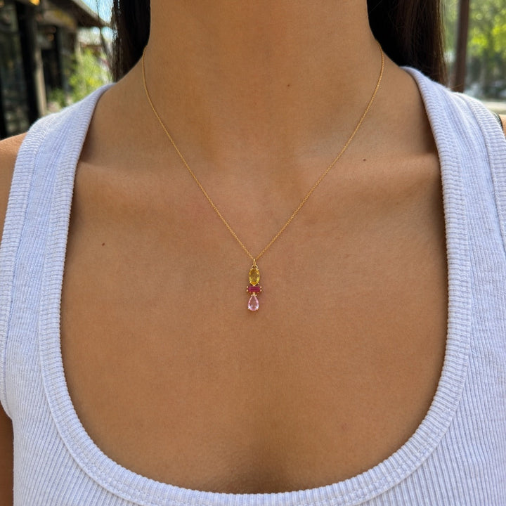 Colorful CZ Yellow / Pink Totem Pendant Necklace - Necklaces - - - Azil Boutique