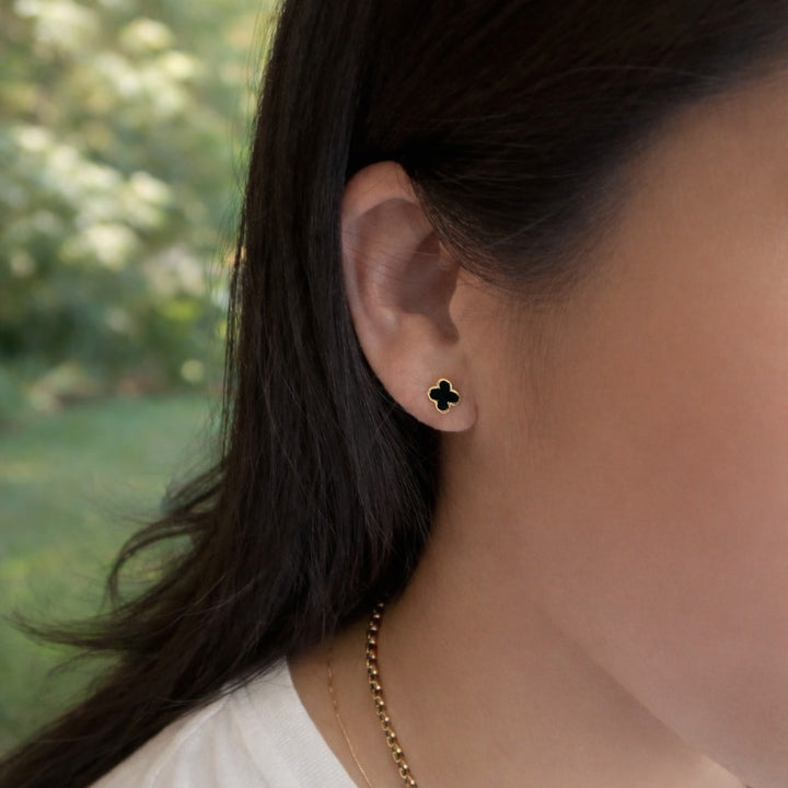 Black Enamel Clover Studs - Earrings - - - Azil Boutique