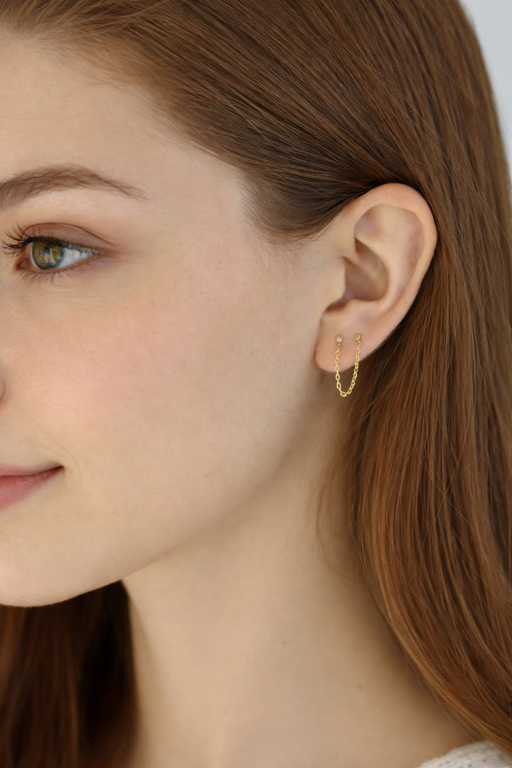 10k Solid Gold CZ Single Chain Stud - Earrings - - - Azil Boutique