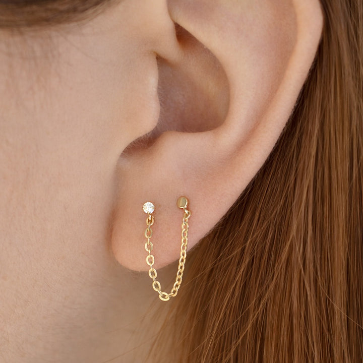 10k Solid Gold CZ Single Chain Stud - Earrings - - - Azil Boutique