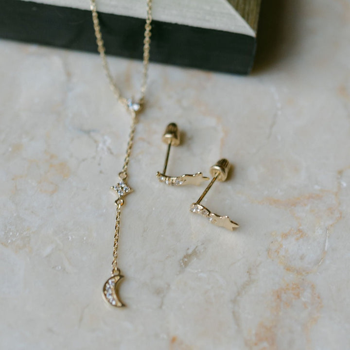 14k Solid Gold CZ Half-Moon Y-Drop Necklace - Necklaces -  -  - Azil Boutique
