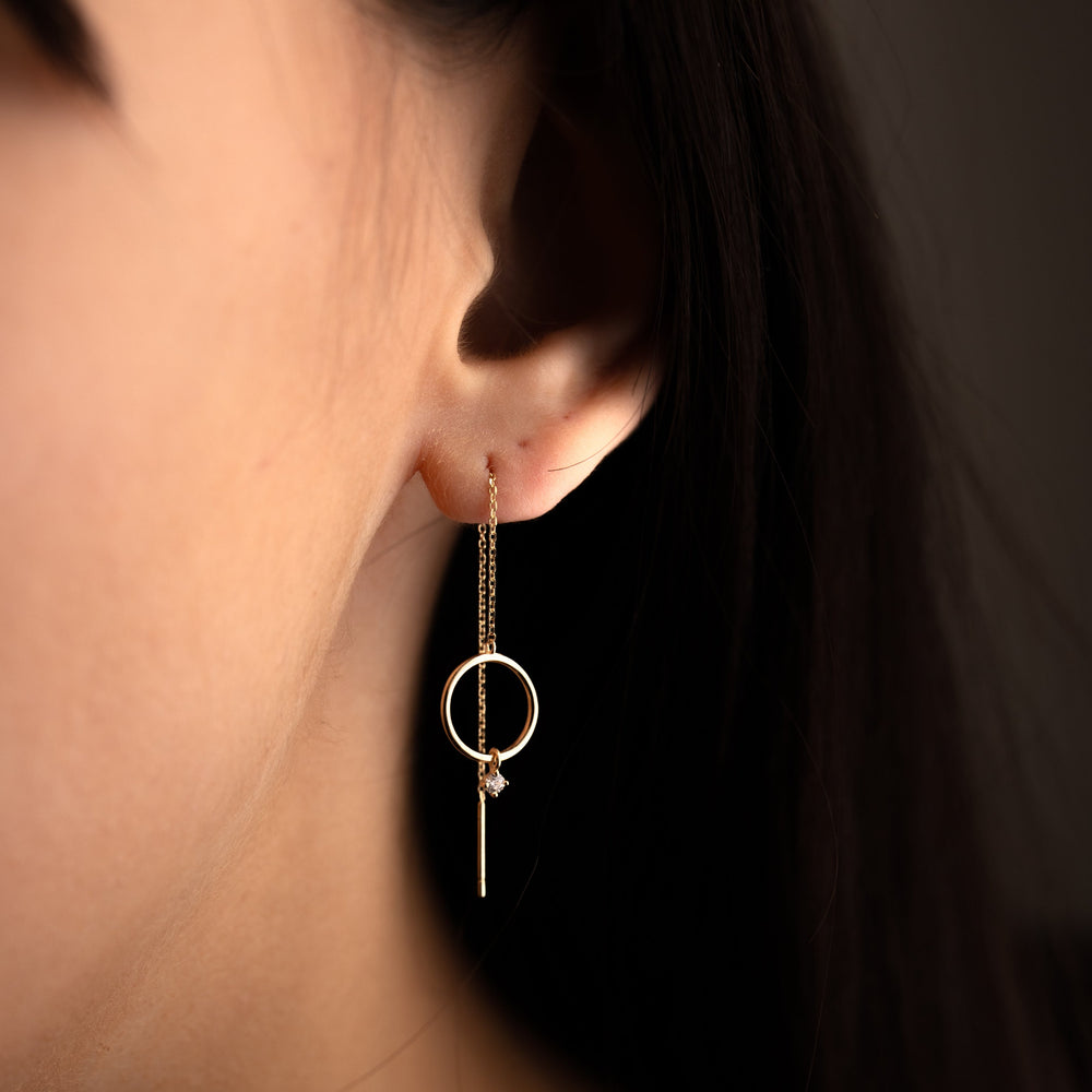 14k Solid Gold Circle w/ CZ Dangle Ear Threaders - Earrings -  -  - Azil Boutique