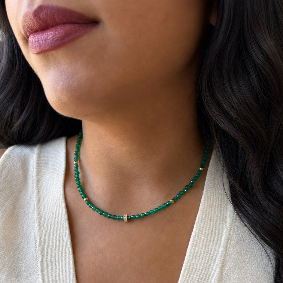 Green Onyx Beaded w/ CZ Rondelle Center Necklace - Necklaces - - - Azil Boutique