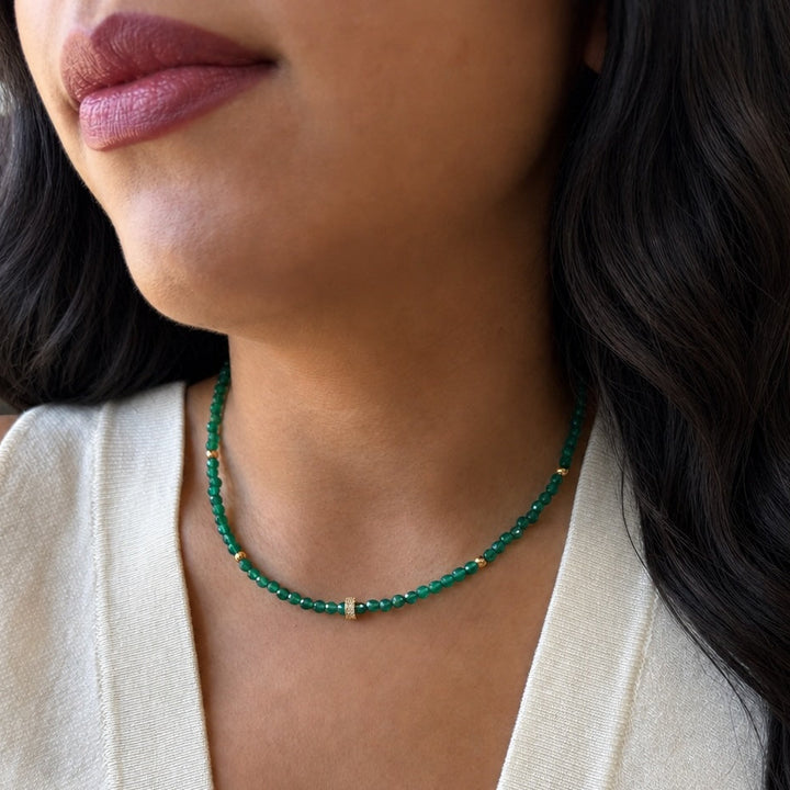 Green Onyx Beaded w/ CZ Rondelle Center Necklace - Necklaces - - - Azil Boutique