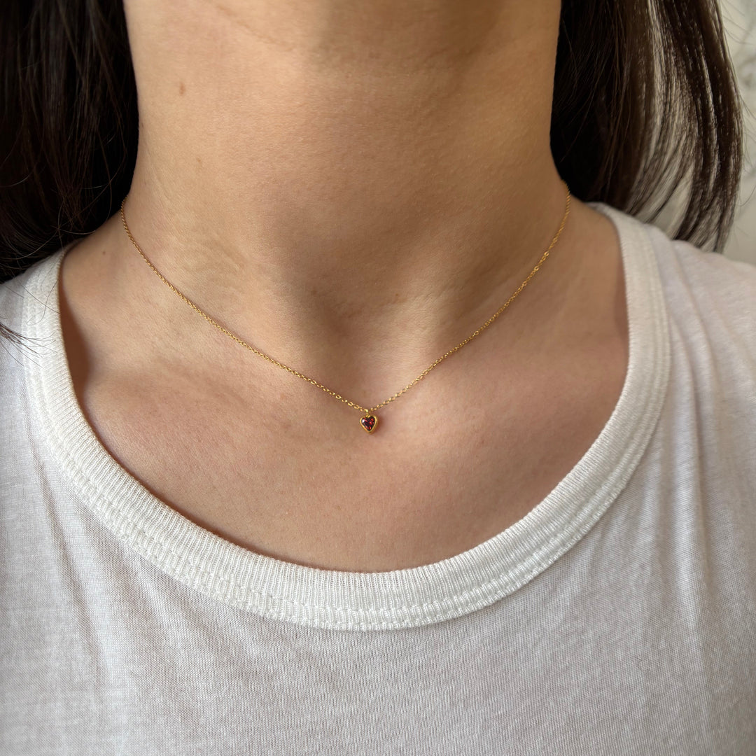 Tiny CZ Heart Birthstone Necklace