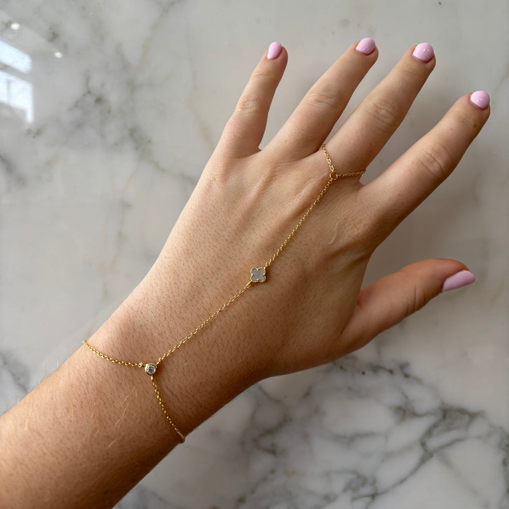 Tiny MOP Clover / CZ Bezel Hand Chain Bracelet - Bracelets - - - Azil Boutique