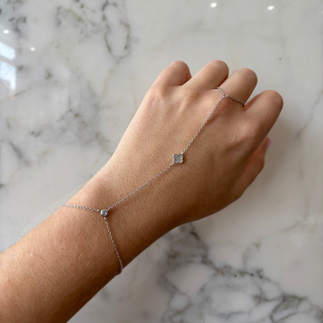 Tiny MOP Clover / CZ Bezel Hand Chain Bracelet - Bracelets - - - Azil Boutique