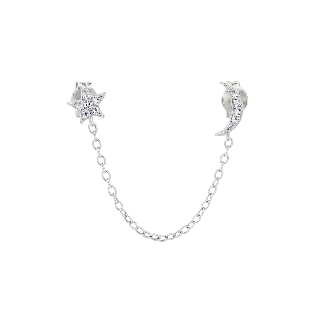 CZ Star and Moon Chain Studs - Earrings - SS - SS - Azil Boutique