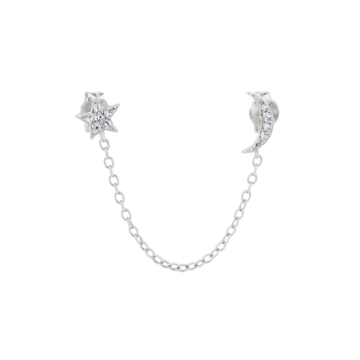 CZ Star and Moon Chain Studs - Earrings - SS - SS - Azil Boutique