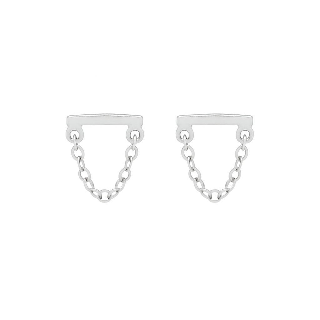 Tiny Bar Chain Dangle Studs - Earrings - Silver - Silver - Azil Boutique