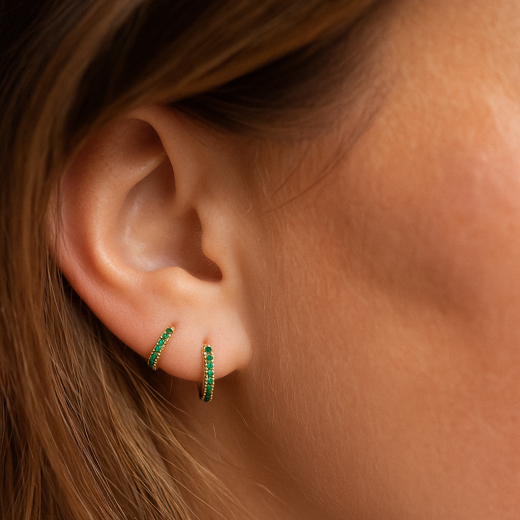 10k Solid Gold Green CZ Huggies - Earrings - - - Azil Boutique