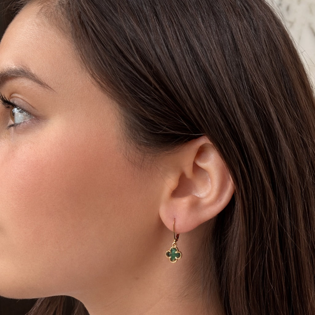 Green Crystal Clover Leverback Earrings