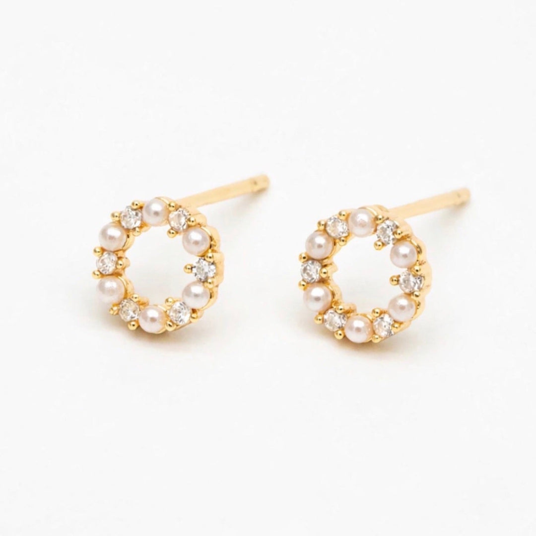 Faux Pearl & CZ Circle Cutout Studs - Earrings - - - Azil Boutique