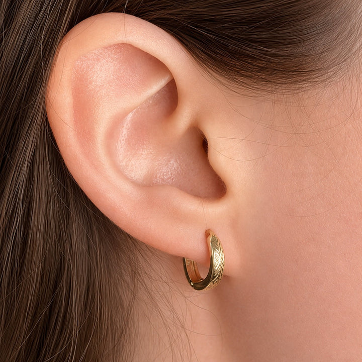 Horseshoe Etched Floral Huggie Hoop Earrings