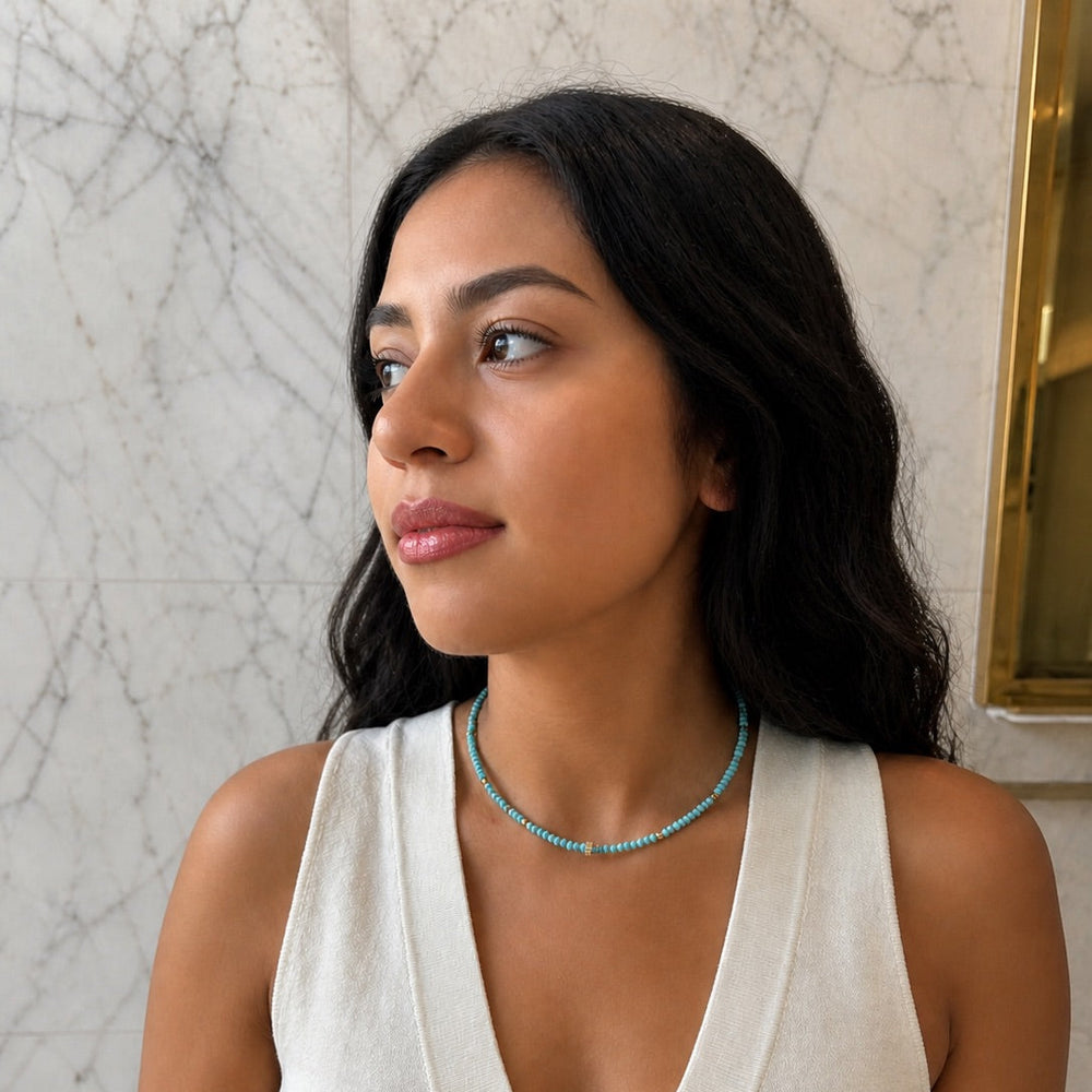 Turquoise Beaded w/ CZ Rondelle Center Necklace - Necklaces - - - Azil Boutique