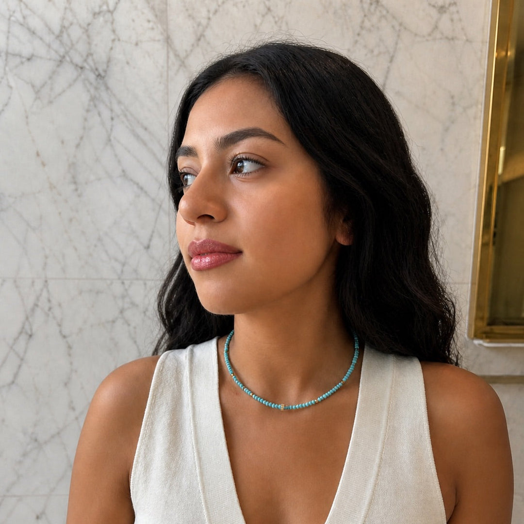 Turquoise Beaded w/ CZ Rondelle Center Necklace - Necklaces - - - Azil Boutique