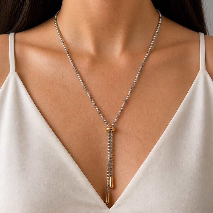 2-Tone Stainless Steel Rolo Lariat - Necklaces - - - Azil Boutique