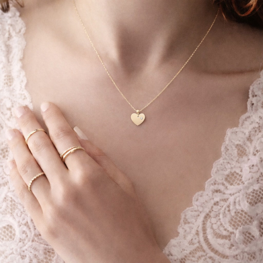 Solid Gold Heart w/ Tiny Diamond Necklace
