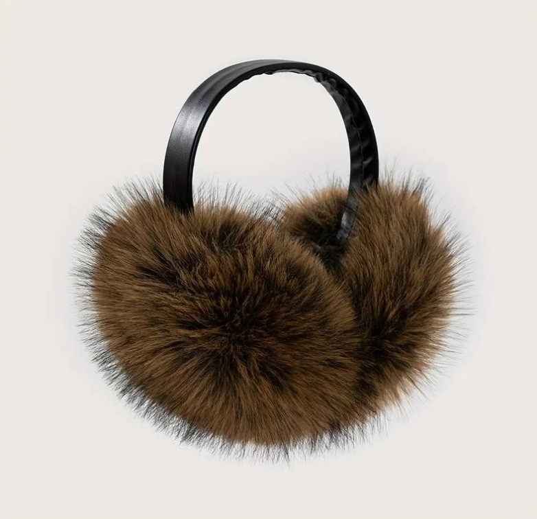 Furry Earmuff w/ Black Vegan Leather Band - Earmuff - Brown - Brown - Azil Boutique