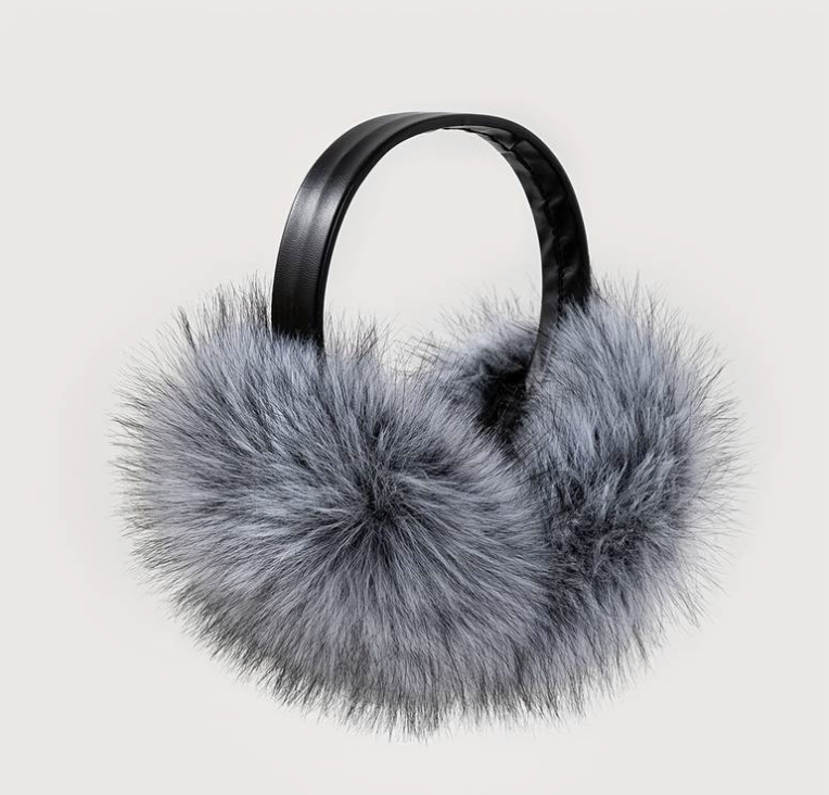 Furry Earmuff w/ Black Vegan Leather Band - Earmuff - Gray - Gray - Azil Boutique