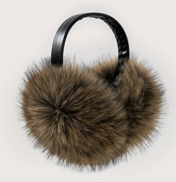Furry Earmuff w/ Black Vegan Leather Band - Earmuff - Coffee - Coffee - Azil Boutique