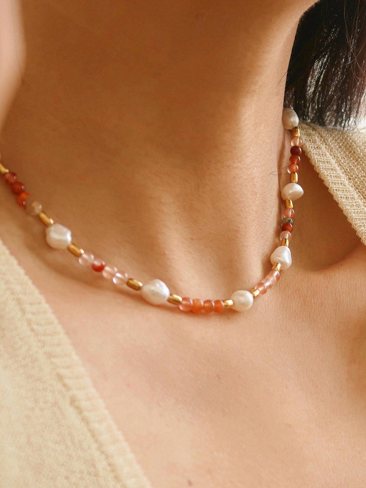 18K Non Tarnish Bohemian Rose Pearl and Bead Necklace - - - - Azil Boutique