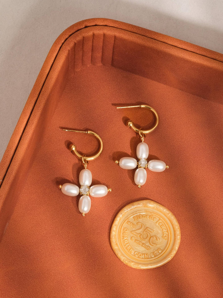 Chaleur Faux Pearl Cross Hoop Earring - Earrings - - - Azil Boutique